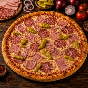 Pizza Al Capone mit Puten Blockschinken, Salami, Zwiebel, Pfefferoni