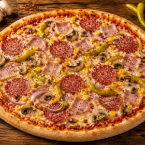 Pizza Alvina mit Putenschinken, Salami, Mais, Pfefferoni, Zwiebeln und Champignons