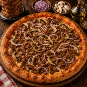 Pizza Art des Hauses mit Kebapfleisch, Zwiebel, Champignons