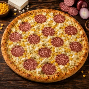 Pizza Bianca mit Salami, Weißkäse und Mais