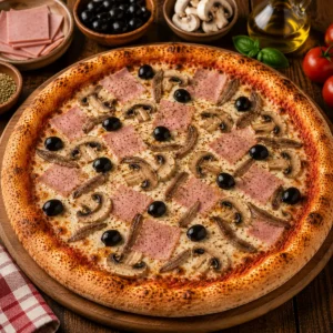 Pizza Capricciosa mit Puten Blockschinken, Sardellen, Champignons, Oliven