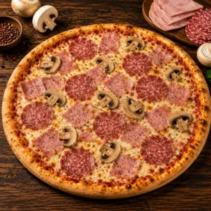 Pizza Charleston mit Puten Blockschinken, Champignons, Salami