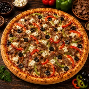 Pizza De Luxe mit Kebapfleisch, Weißkäse, Paprika, Oliven