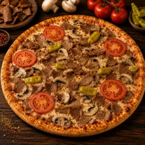 Pizza Der Pate Don Corleone mit Kebapfleisch, Champignons, Pfefferoni, Tomatenscheiben
