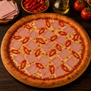 Pizza Diavolo mit Puten Blockschinken, scharfe Pfefferoni