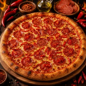 Pizza Feuerwerk mit Pizzasalami und Pfefferoni (sehr scharf)