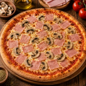 Pizza Fiorentina mit Puten Blockschinken, Champignons