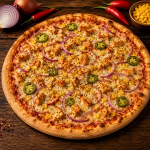 Pizza Mexicana mit Hühnerfleisch, Zwiebel, scharfe Pfefferoni und Mais
