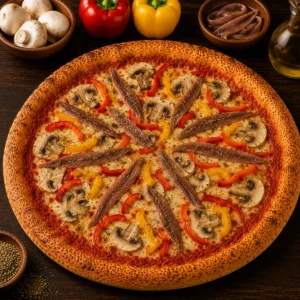 Pizza Napoli mit Sardellen, Champignons, Paprika