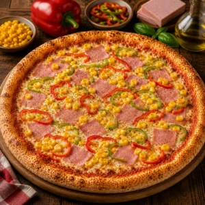 Pizza Provenciale mit Puten Blockschinken, Mais, Pfefferoni