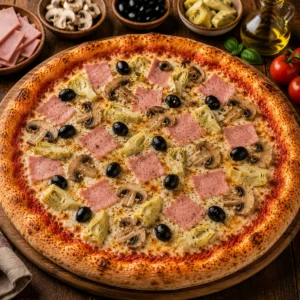 Pizza Quattro Stagione mit Puten Blockschinken, Champignons, Artischocken, Oliven