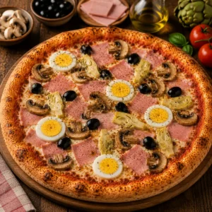 Pizza Rusticana mit Puten Blockschinken, Champignons, Artischocken, Oliven, Ei