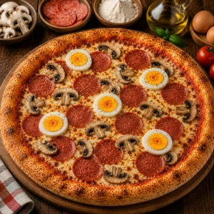 Pizza Santa Lucia mit Pizzasalami, Champignons, Ei