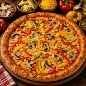Pizza Vegetarisch mit Champignons, Paprika, Artischocken, Mais