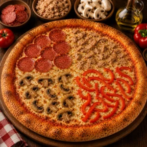 Pizza Vier Jahreszeiten mit Salami, Thunfisch, Champignons, Paprika